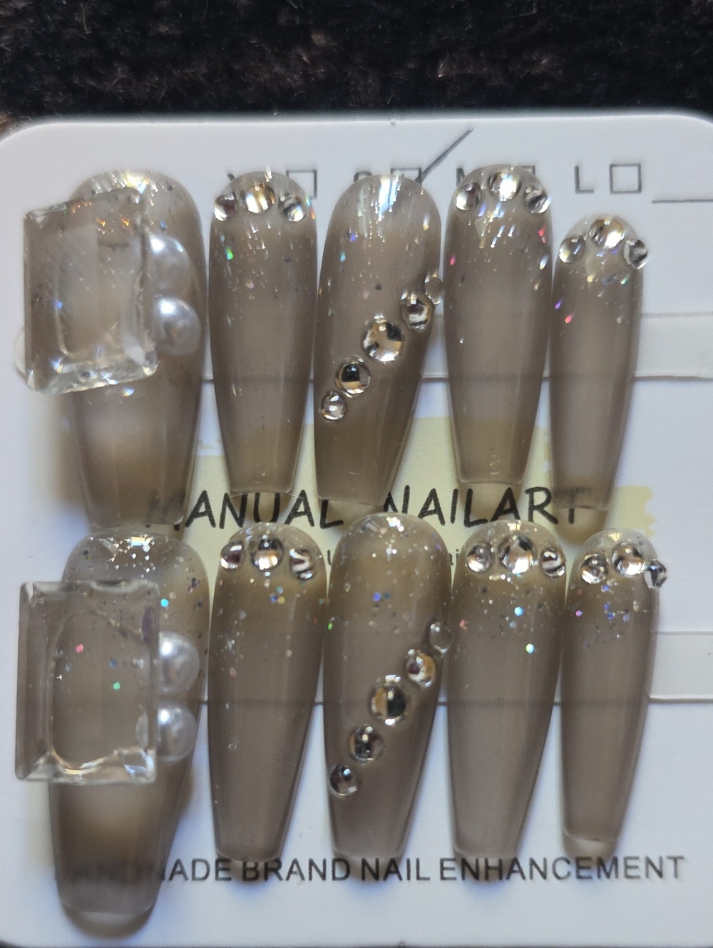 Neutral Taupe Press-On Nails with Rhinestone Accents Size Small